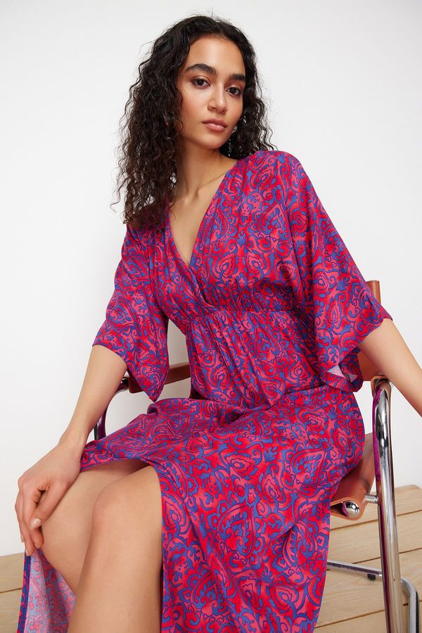 Trendyol Trendyol Fuchsia Floral Pattern A-Line Double Breasted Neck Midi Woven Midi Woven Midi Dress