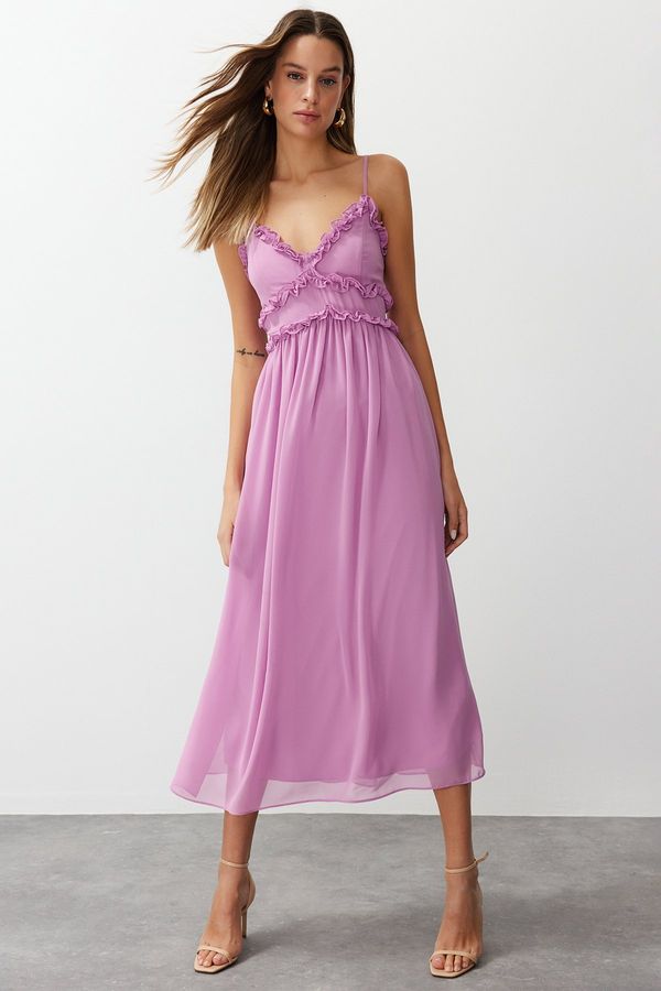 Trendyol Trendyol Fuchsia Floral Print A-Cut Ruffle Detailed Lined Chiffon Maxi Woven Dress