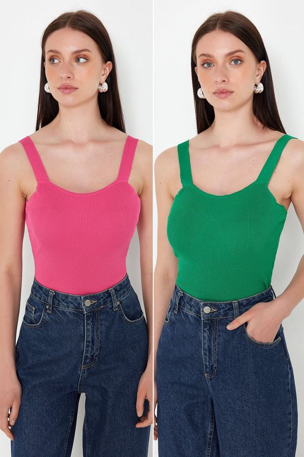 Trendyol Trendyol Fuchsia-Green Double Pack Strappy Basic Knitwear Blouse