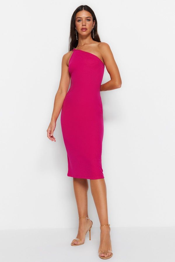 Trendyol Trendyol Fuchsia One Shoulder A-Line/A-Line Form Midi Smart Crepe Strap Knitted Dress