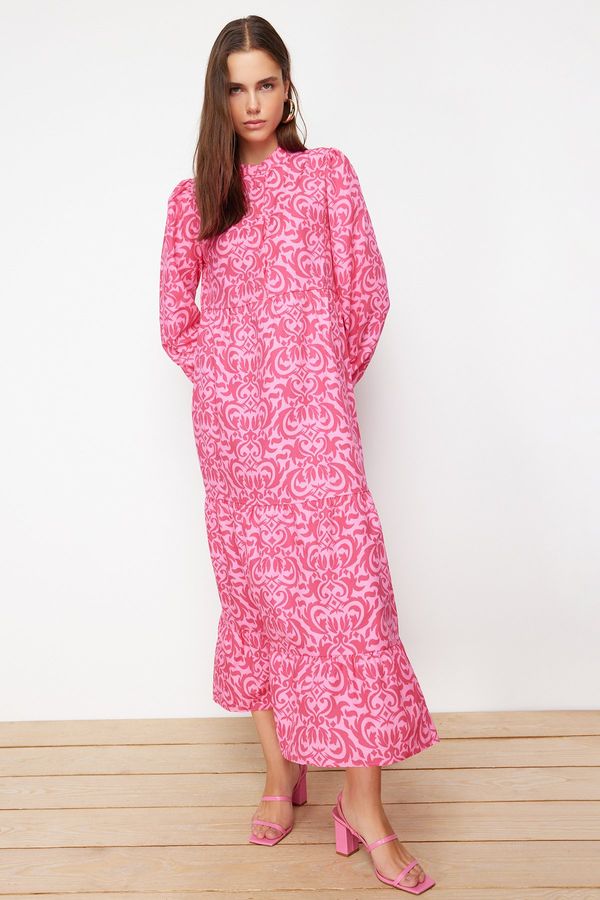Trendyol Trendyol Fuchsia Patterned Half Pat Wide Fit Cotton Woven Dress