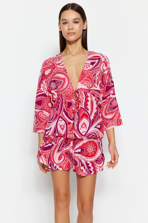 Trendyol Trendyol Fuchsia Patterned Tie/Ribbon/Bow Detailed Viscose Woven Pajama Set