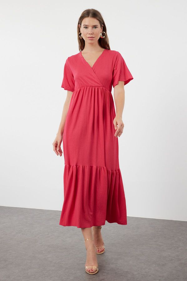 Trendyol Trendyol Fuchsia Plain Maxi Double Breasted Skirt Ruffle Textured Short Sleeve Flexible Knitted Maxi Dress Knit Dress