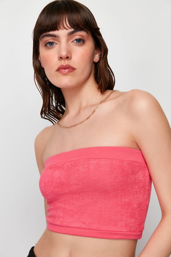 Trendyol Trendyol Fuchsia Plain Strapless Collar Super Crop Knitted Blouse