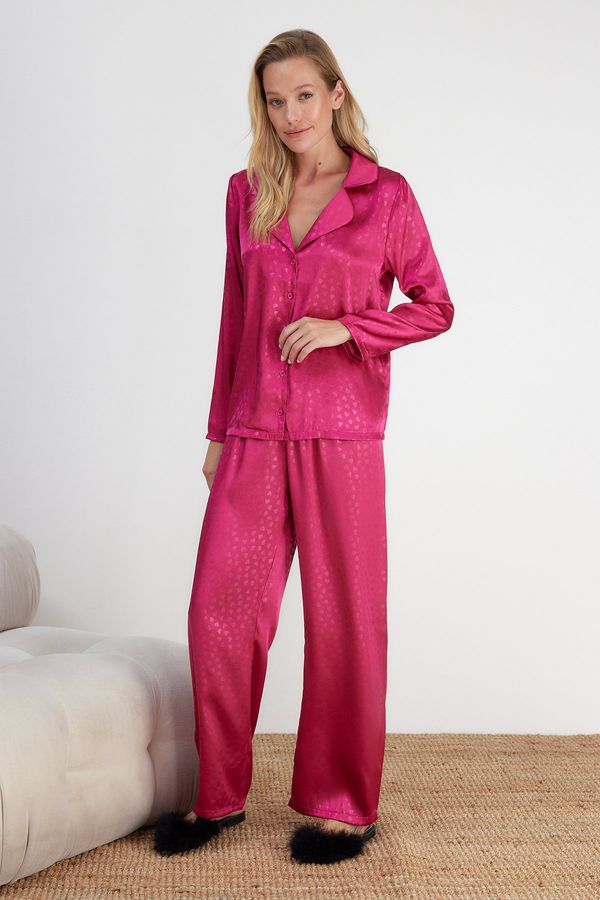 Trendyol Trendyol Fuchsia Premium Heart Patterned Satin Shirt-Pants Woven Pajama Set