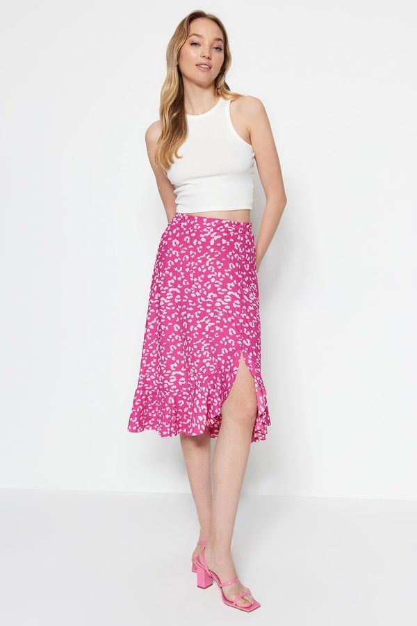 Trendyol Trendyol Fuchsia Printed High Waist Midi Flexible Knitted Skirt with Gather Detail and Flounce