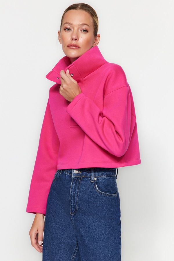 Trendyol Trendyol Fuchsia Relaxed Fit Crop High Neck Snap Fast Fleece Knitted Sweatshirt