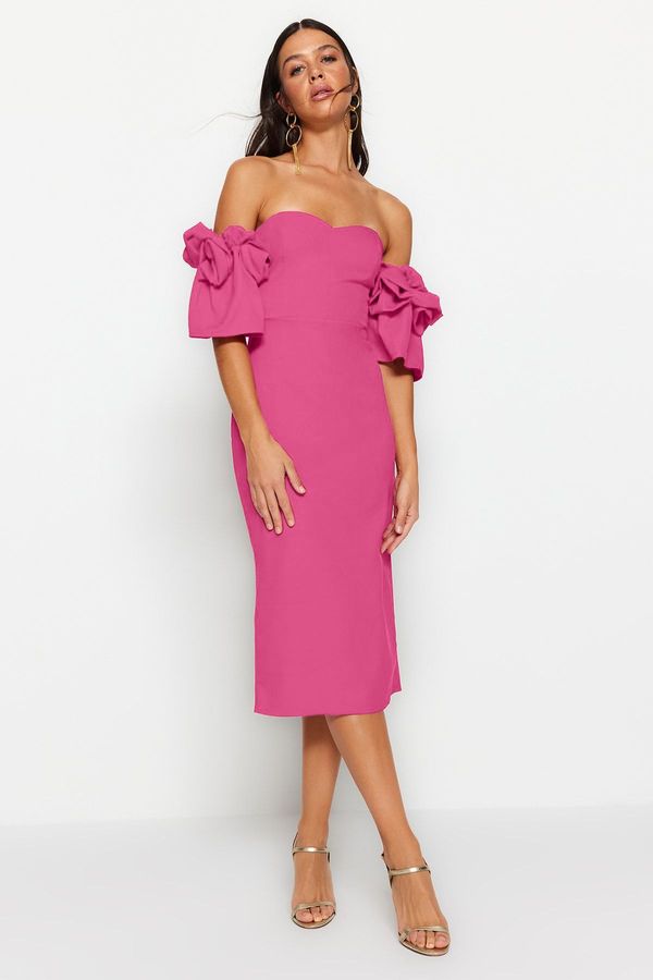 Trendyol Trendyol Fuchsia Rose Accessory Detailed Woven Elegant Evening Dress