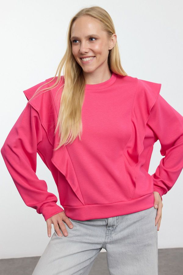 Trendyol Trendyol Fuchsia Ruffle Detailed Relaxed/Comfortable Fit Knitted Sweatshirt