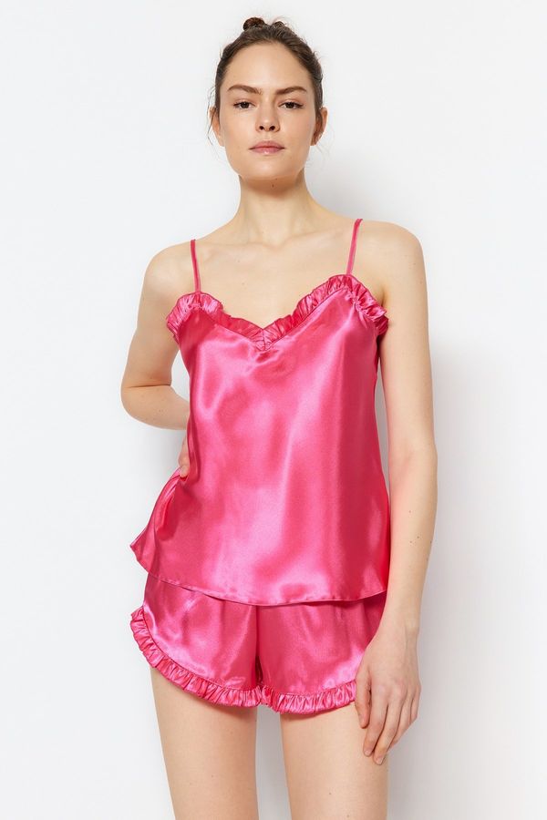 Trendyol Trendyol Fuchsia Ruffled Rope Strap Satin Woven Pajama Set