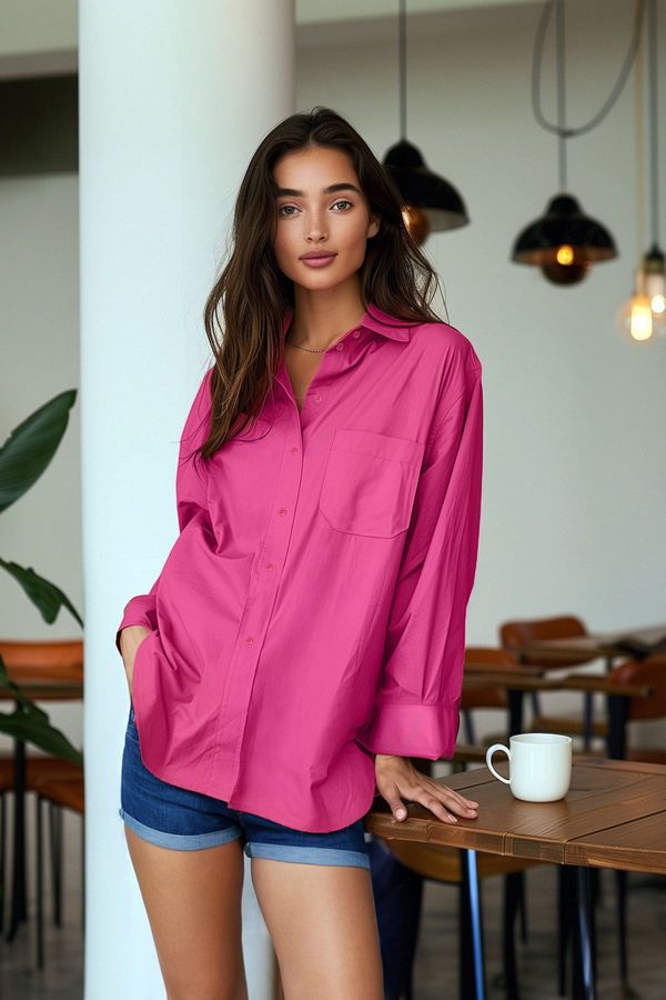 Trendyol Trendyol Fuchsia Single Pocket Boyfriend/Wide Fit Cotton Woven Shirt