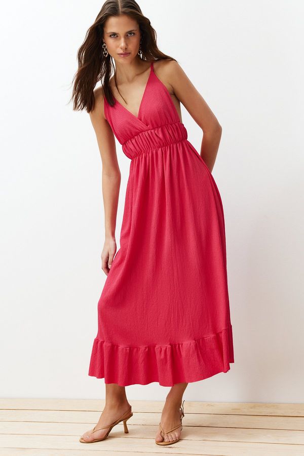 Trendyol Trendyol Fuchsia Skirt Ruffled V-Neck Strap Maxi Ribbed Flexible Knitted Maxi Dress