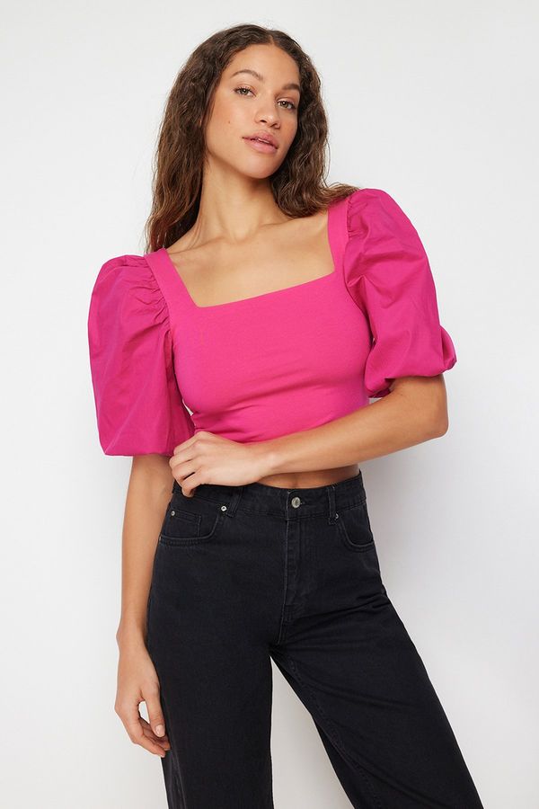 Trendyol Trendyol Fuchsia Square Neck Poplin Balloon Sleeve Stretch Knitted Blouse