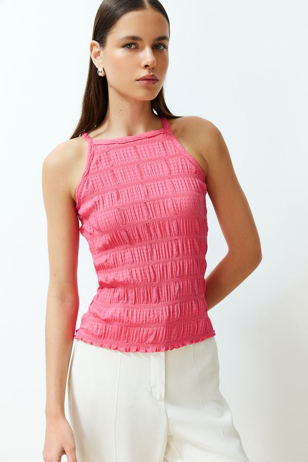 Trendyol Trendyol Fuchsia Textured Plain Slim Halter Neck Strap Knitted Blouse