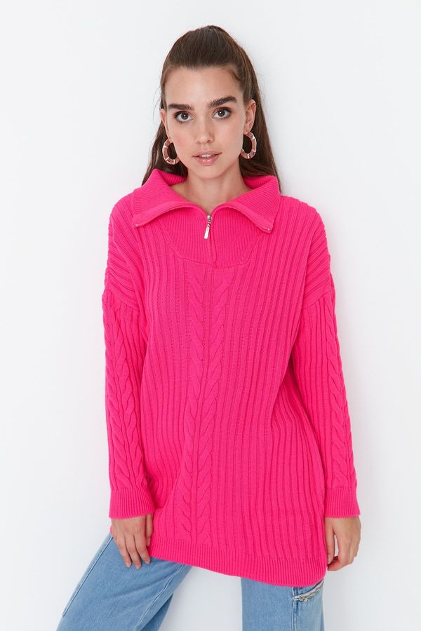 Trendyol Trendyol Fuchsia Thessaloniki Braided Zippered Knitwear Sweater