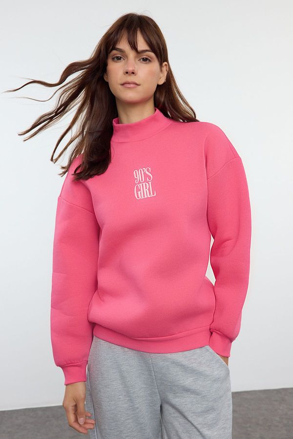 Trendyol Trendyol Fuchsia Thick Inside Polar Slogan Embroidered Stand Collar Regular/Normal Cut Knitted Sweatshirt