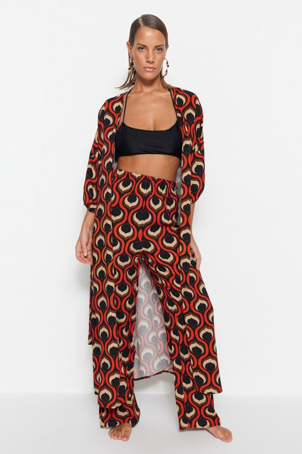 Trendyol Trendyol Geometric Pattern Belted Maxi Woven Kimono & Kaftan with Balloon Sleeves