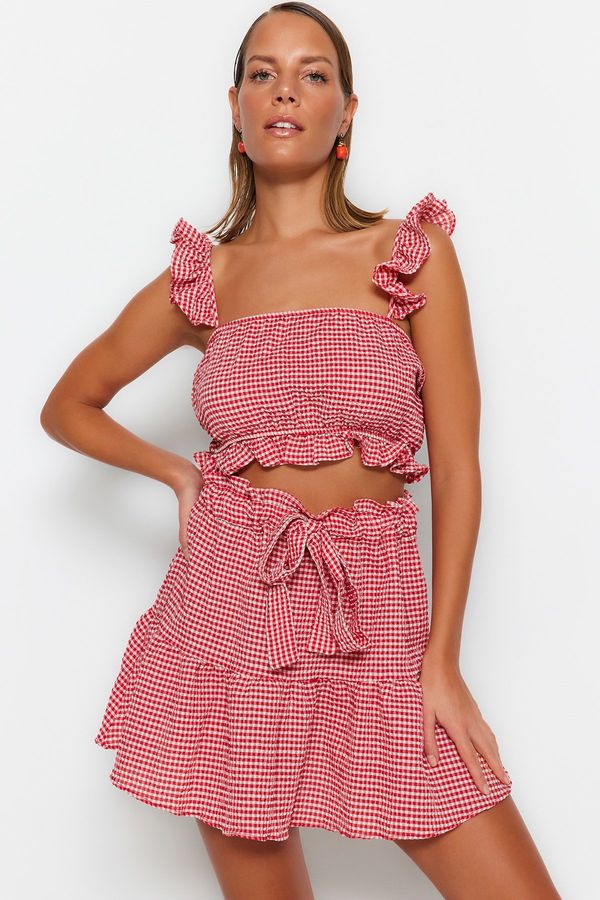 Trendyol Trendyol Gingham Patterned Woven Ruffle Blouse and Skirt Set