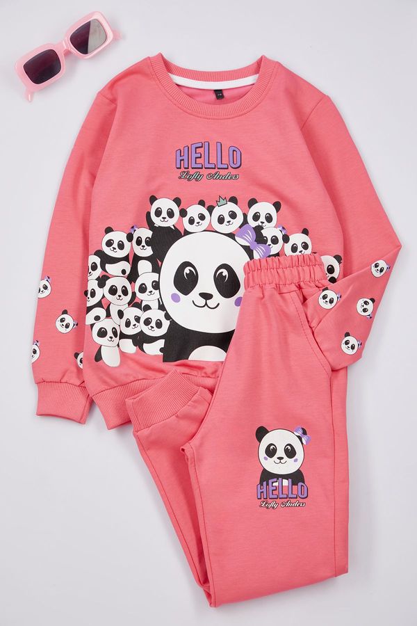 Trendyol Trendyol Girl Fuchsia Panda Patterned Pajama Set Knitted Bottom-Top Set