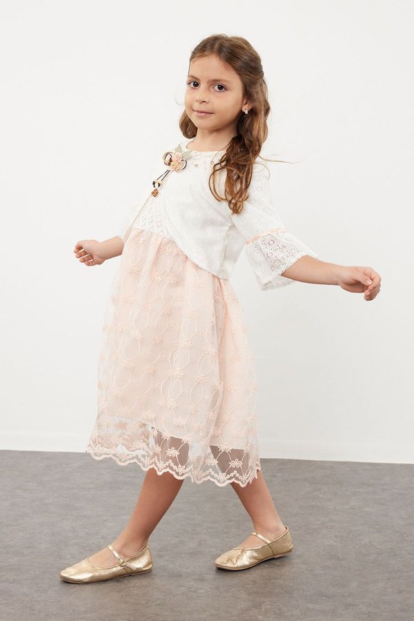 Trendyol Trendyol Girl's Pink Bolero Floral Appliqued Stone Detailed Woven Set Dress