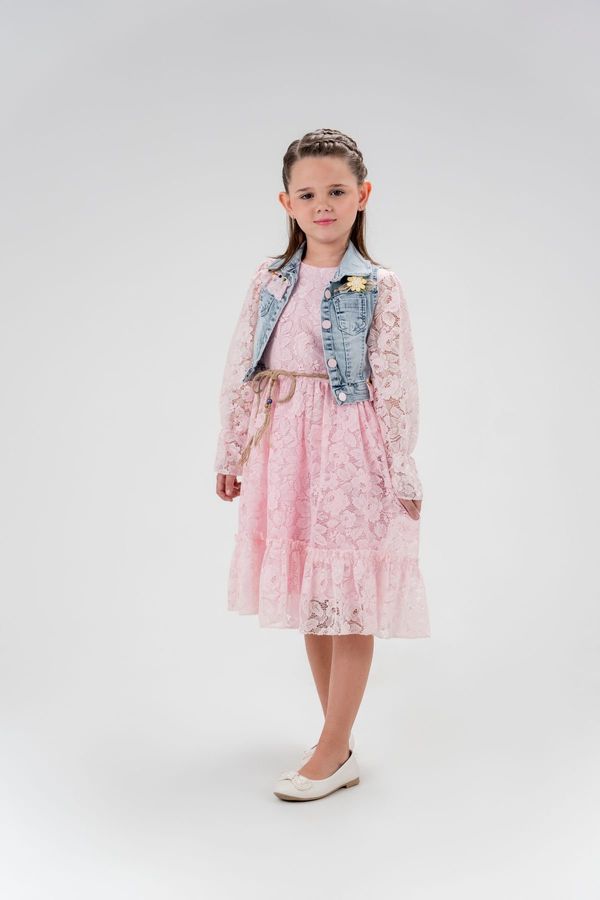 Trendyol Trendyol Girl's Pink Lace Detailed Denim Vest Belted Long Sleeve Dress Set Suit