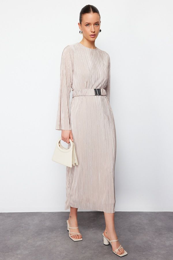 Trendyol Trendyol Gold Color Pleated Belt Detailed Knitted Dress