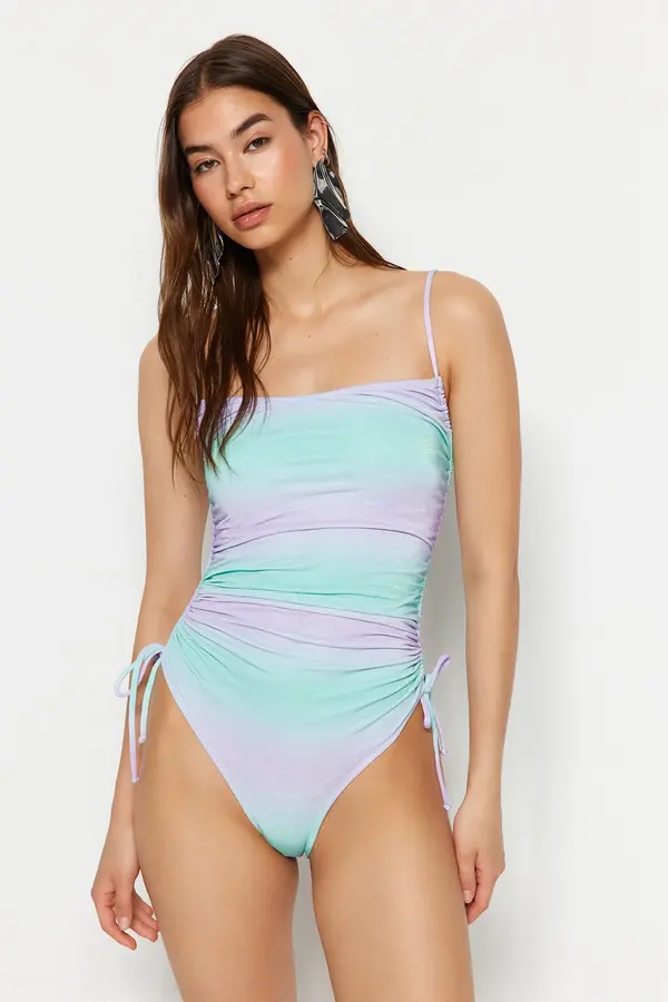 Trendyol Trendyol Gradient Patterned Strapless Draped Glitter High Leg Regular Swimsuit