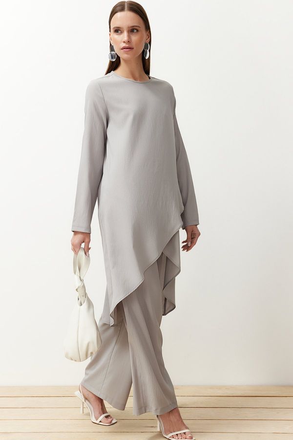 Trendyol Trendyol Gray Asymmetrical Woven Tunic Trousers Top and Bottom Set