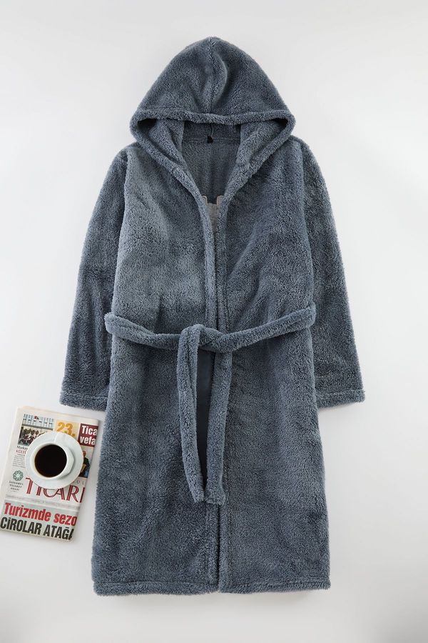 Trendyol Trendyol Gray Belted Back Slogan Detailed Hooded Wellsoft Winter Knitted Dressing Gown