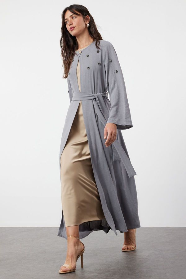 Trendyol Trendyol Gray Belted Stone Accessory Woven Cape & Abaya & Abaya