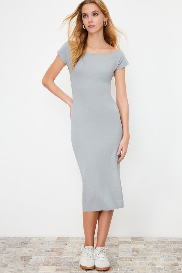 Trendyol Trendyol Gray Boat Neck Fitted Cotton Stretchy Midi Knitted Midi Dress