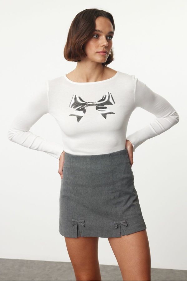 Trendyol Trendyol Gray Bow Detailed Slit Mini Woven Shorts Skirt