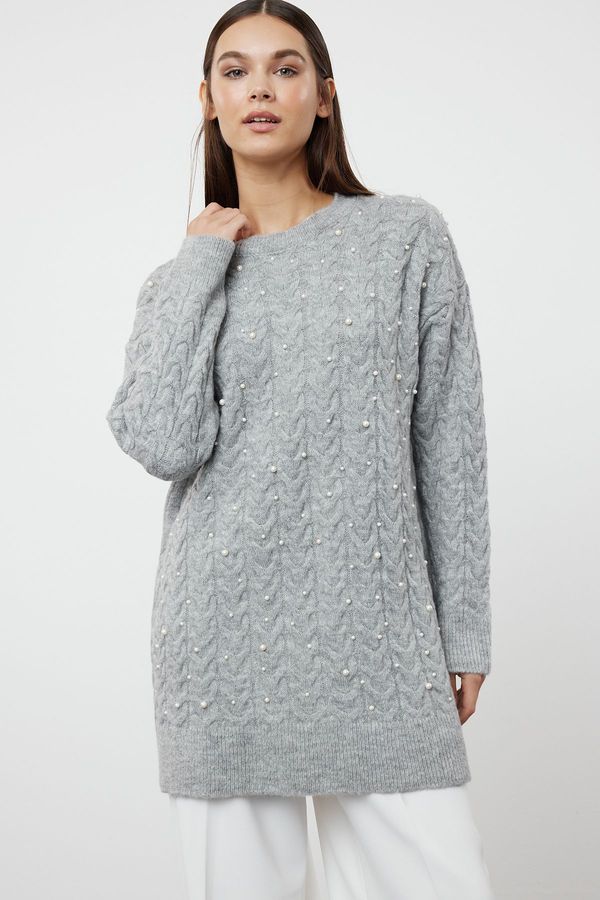 Trendyol Trendyol Gray Braided Pearl Detailed Knitwear Sweater