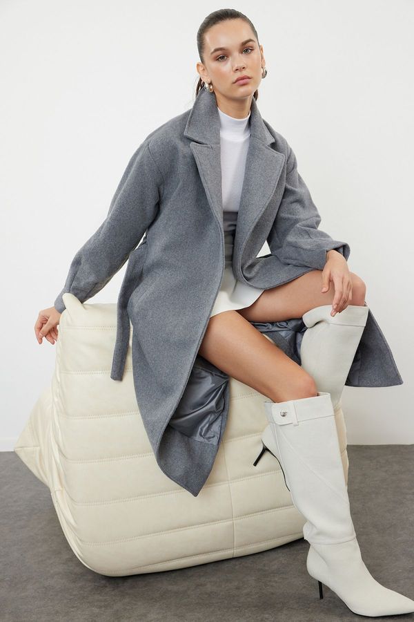 Trendyol Trendyol Gray Buckle Detailed Belted Regular Coat