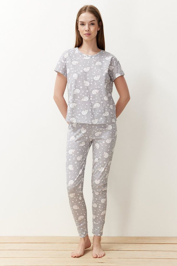 Trendyol Trendyol Gray Cotton Animal Pattern Knitted Pajamas Set