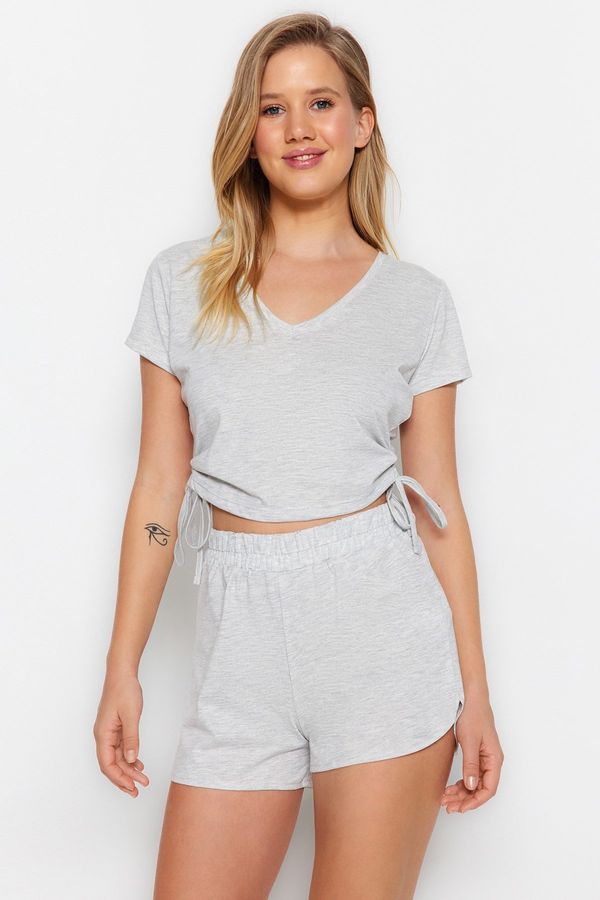 Trendyol Trendyol Gray Cotton Drawstring T-shirt-Shorts Knitted Pajama Set