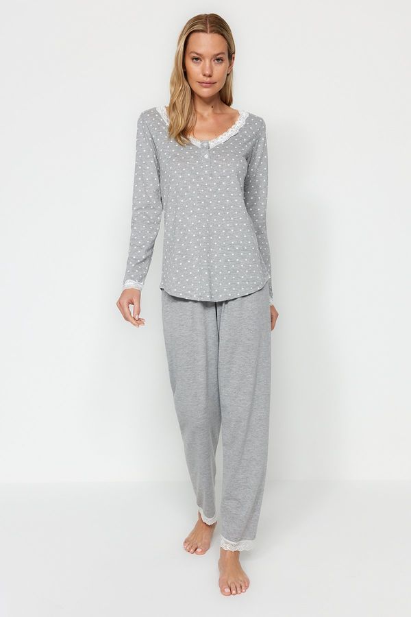 Trendyol Trendyol Gray Cotton Polka Dot Lace Detailed Tshirt-Pants Knitted Pajamas Set