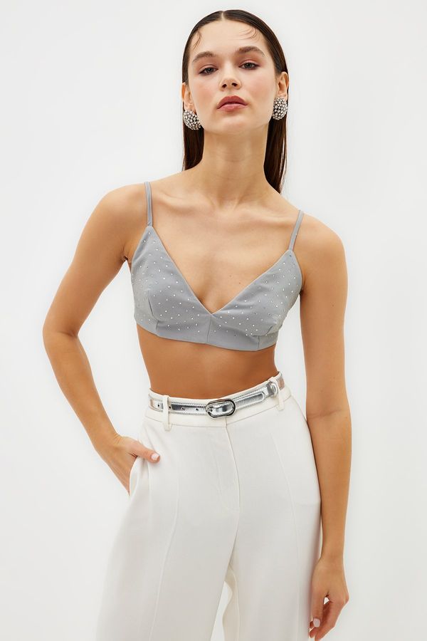 Trendyol Trendyol Gray Crop Shiny Stone Woven Bustier