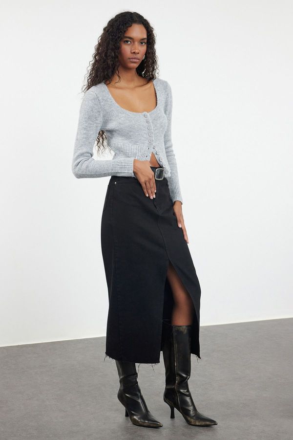 Trendyol Trendyol Gray Crop Square Collar Knitwear Cardigan