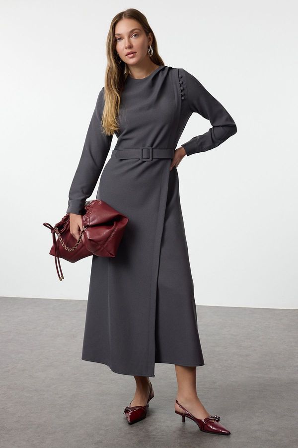 Trendyol Trendyol Gray Double Breasted Draped Woven Crepe Dress