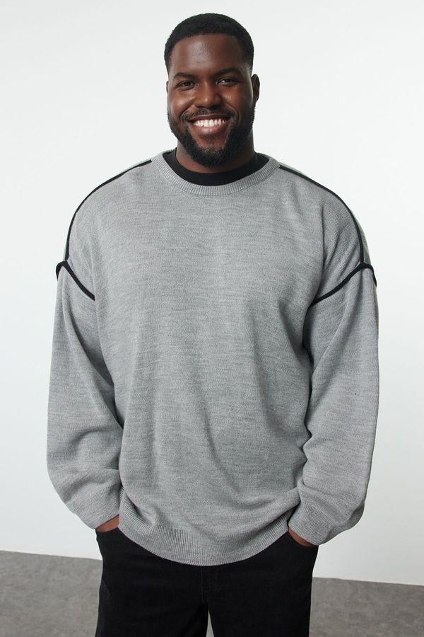 Trendyol Trendyol Gray FL Men's Oversize Crew Neck Plain Knitwear Plus Size Sweater