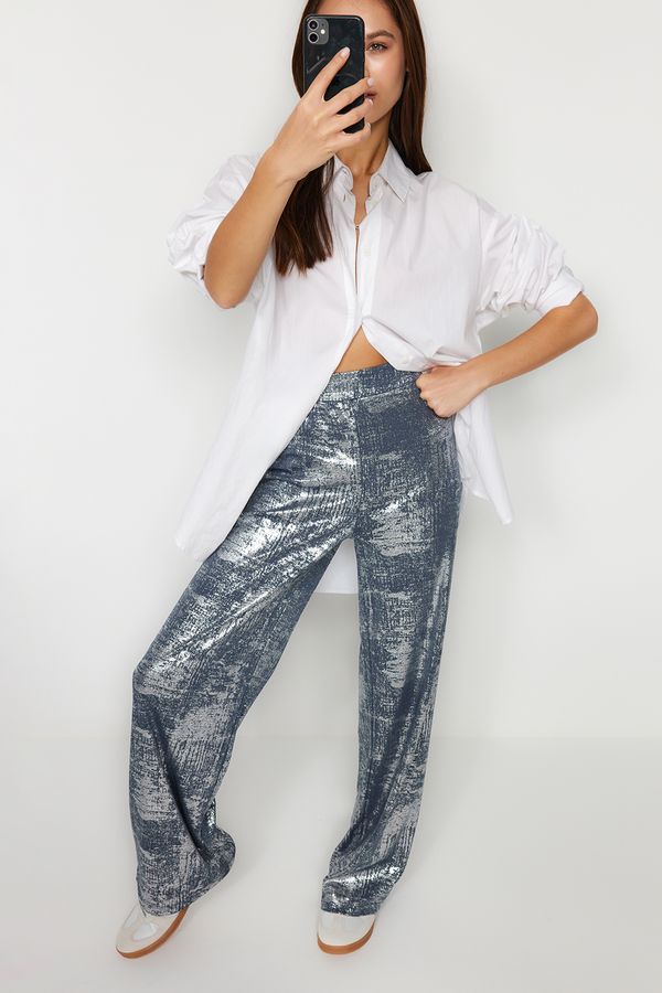 Trendyol Trendyol Gray Foil/Shiny Printed Elastic Waist Wide Leg / Wide Leg Stretch Knitted Trousers