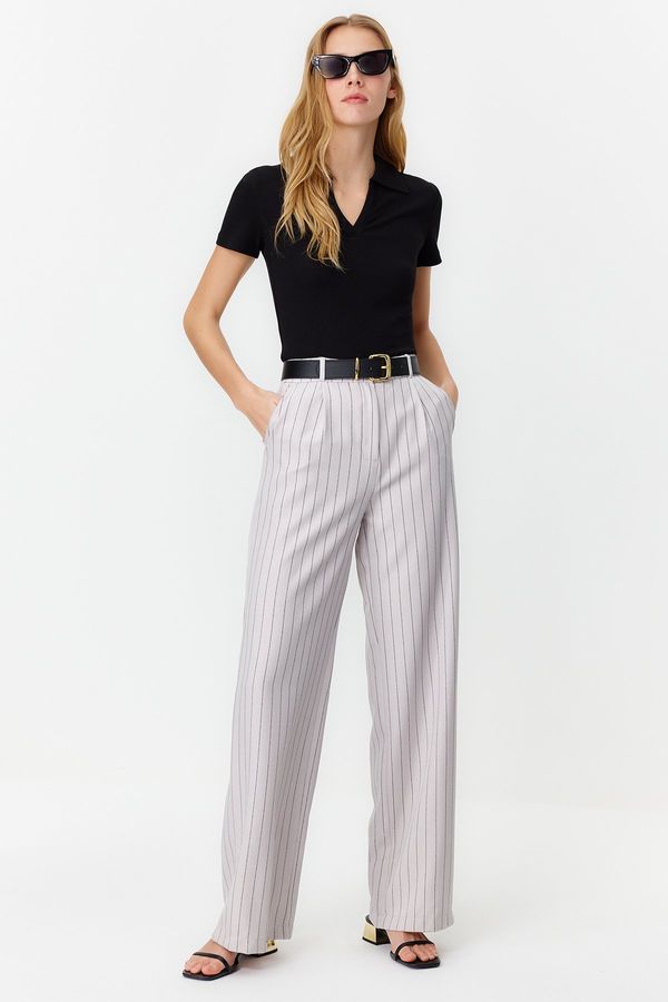 Trendyol Trendyol Gray High Waist Wide Leg Striped Woven Trousers