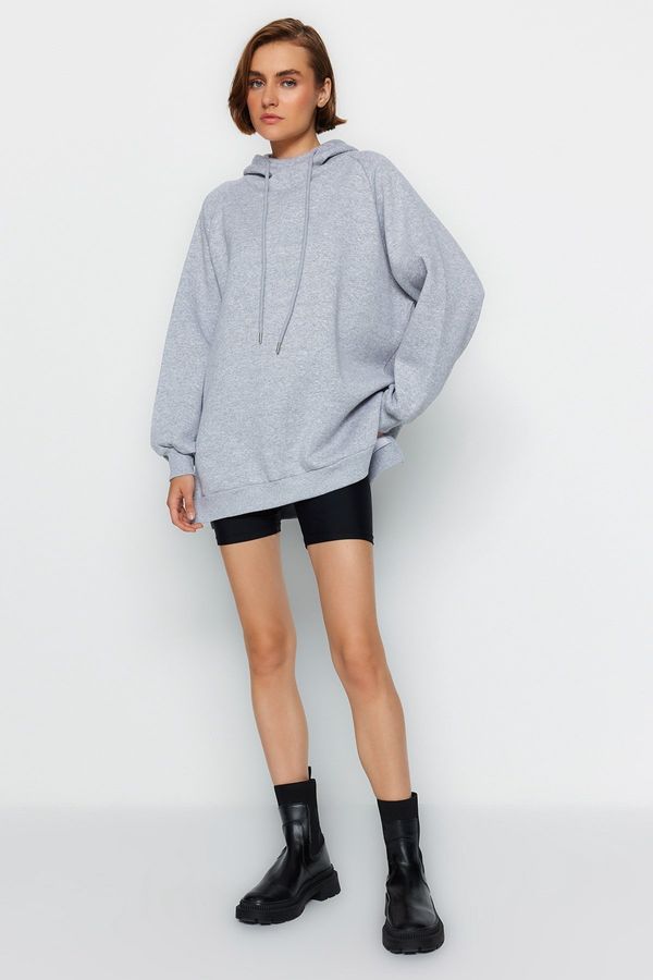 Trendyol Trendyol Gray Hooded Oversize Raising Knitted Sweatshirt