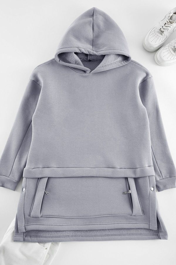 Trendyol Trendyol Gray Hooded Pocket Detailed Knitted Sweatshirt