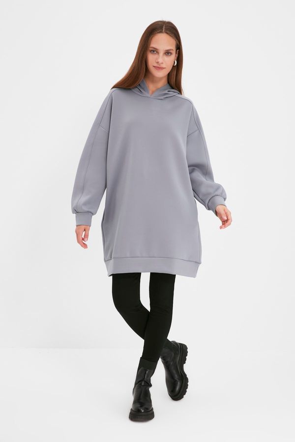 Trendyol Trendyol Gray Hooded Pocketed Scuba Knitted Wide Fit Oversize Sweatshirt