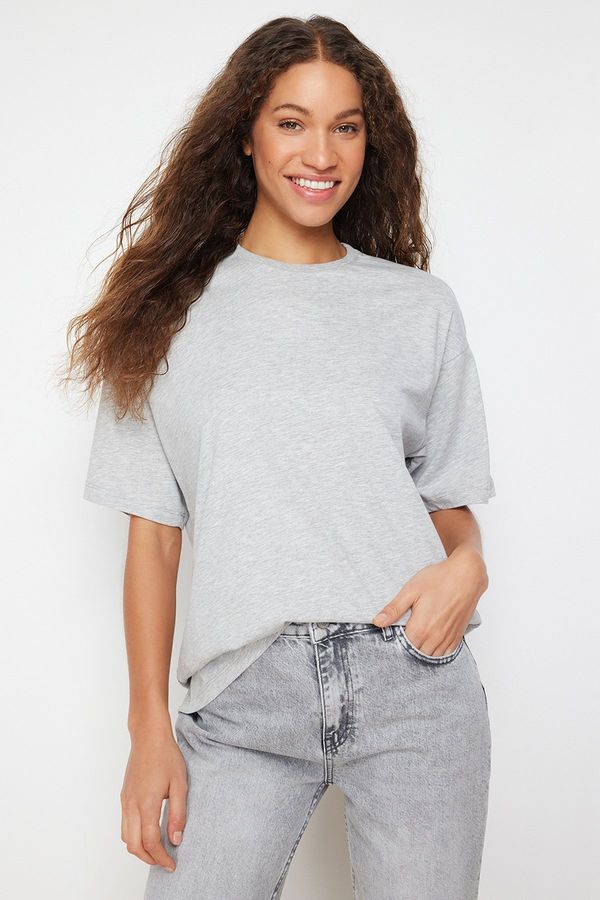 Trendyol Trendyol Gray Melange 100 Cotton Crew Neck Oversize/Wide Fit Knitted T-Shirt