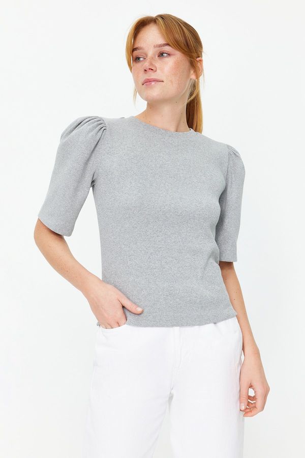 Trendyol Trendyol Gray Melange Balloon Sleeve Crew Neck Ribbed Stretchy Knitted Blouse