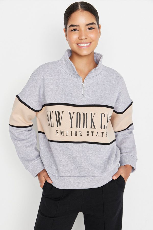 Trendyol Trendyol Gray Melange Basic Printed Thick Inside Fleece Knitted Sweatshirt
