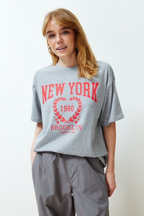 Trendyol Trendyol Gray Melange City Printed Oversize/Wide Cut Knitted T-Shirt